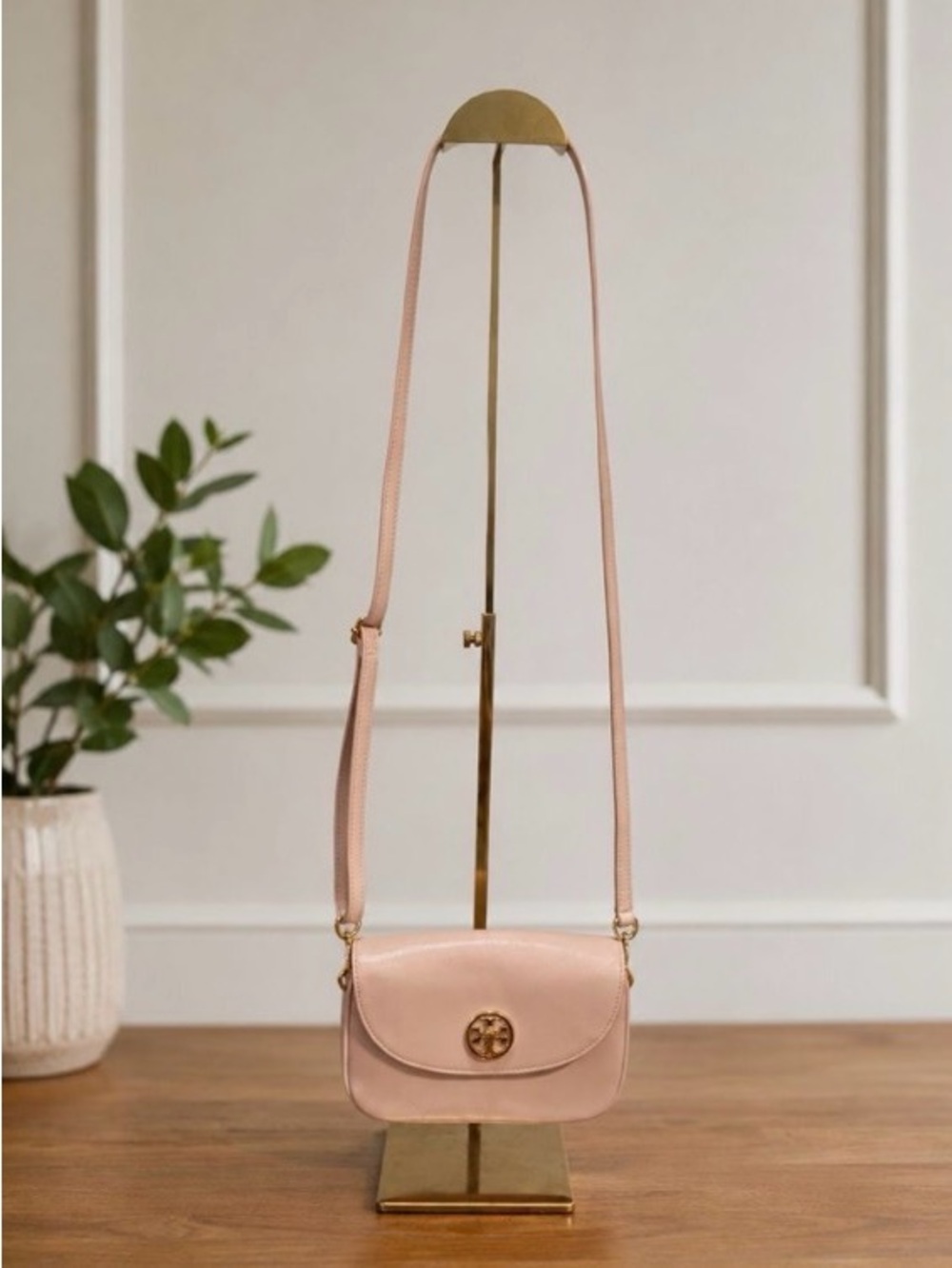 Tory Burch Shell Pink Leather Robinson Mini Crossbody Bag with Gold Accent